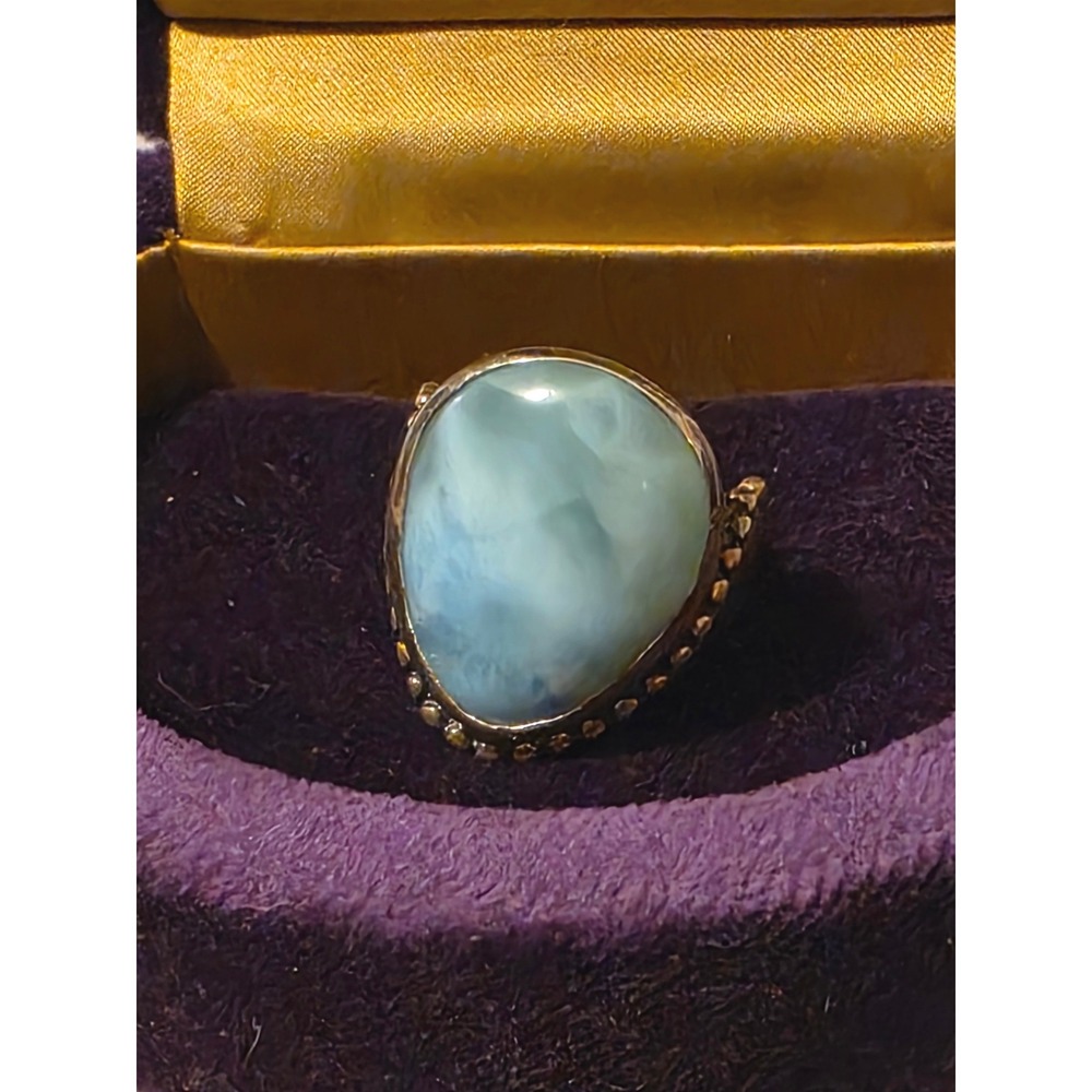 Sterling‎ Silver Larimar Teardrop Statement Ring Size 10.25 Boho Beaded Trim